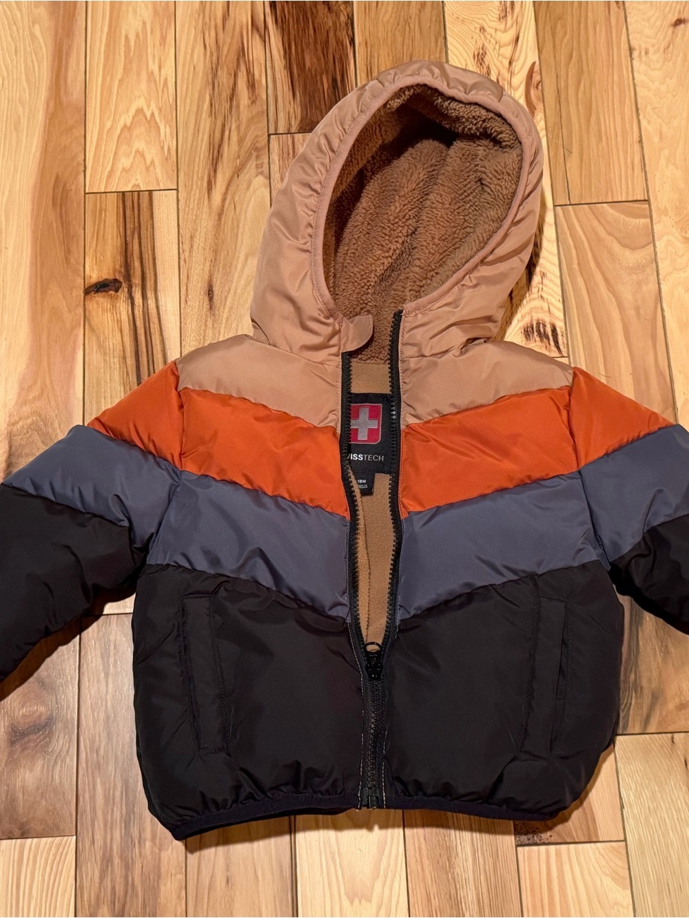 Swiss Tech Kids Colorblock Puffer Jacket in Black, Gray, Orange, Tan